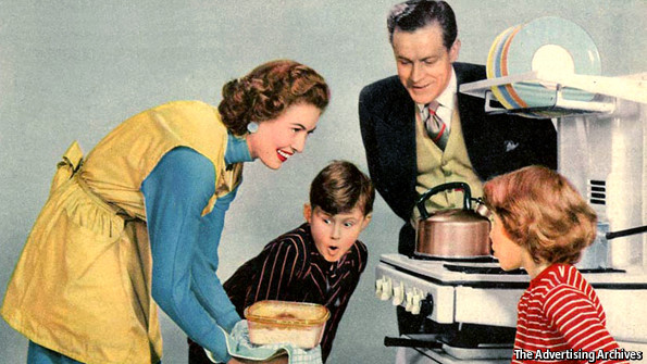 A mother pulls a casserole out of the oven while surrounded by a carefully-groomed white nuclear family in an ad image from the 1950s. The image suggests a lack of diversity in marketing.